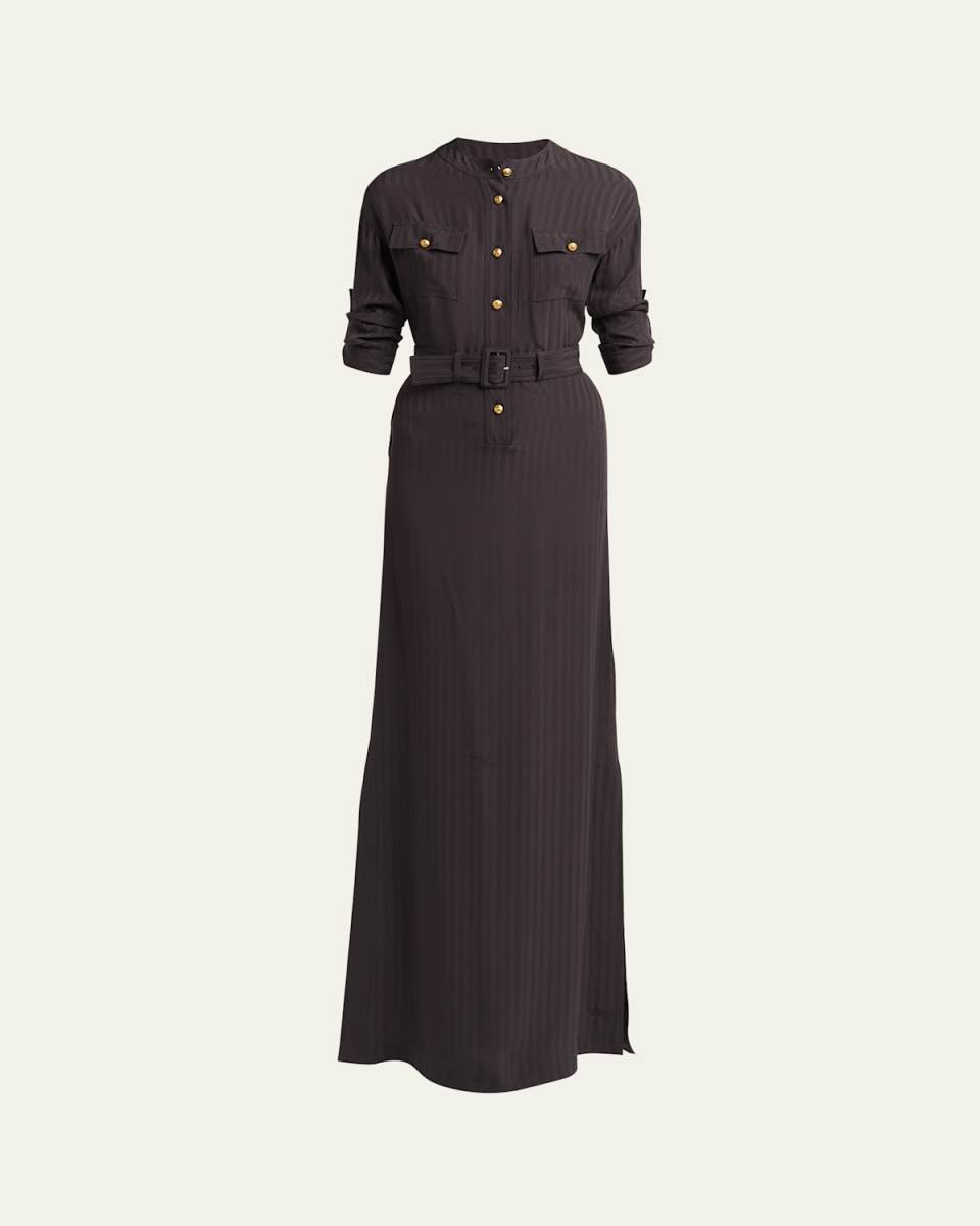 Short-Sleeve Belted Button-Down Jacquard Gown